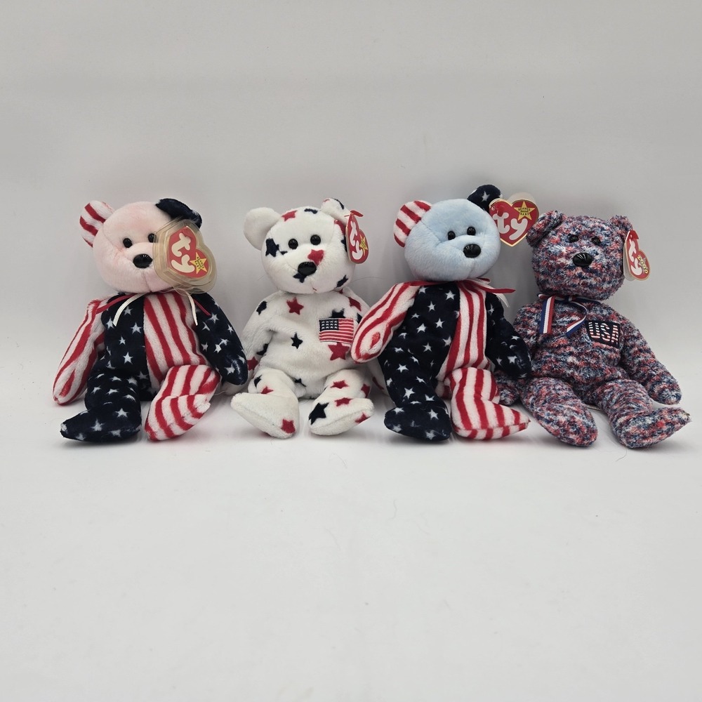 4 Ty Beanie Babies Bears USA Patriotic Red White Blue Glory Spangle America